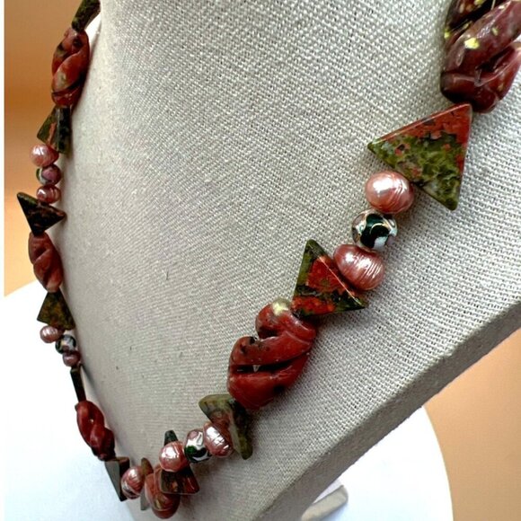 Handcrafted Unakite Pink Opal Pink Pearls & Cloisonné Beads Necklace.   B50 - Picture 4 of 16